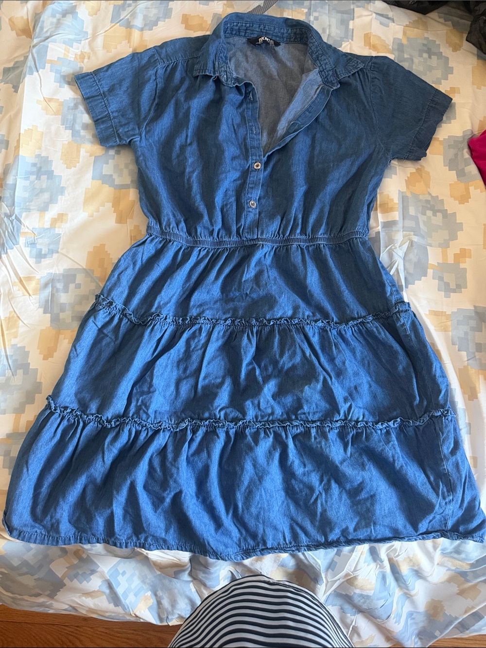 Dkny Indigo Blue Denim Tiered Short Sleeve Shirt Dress